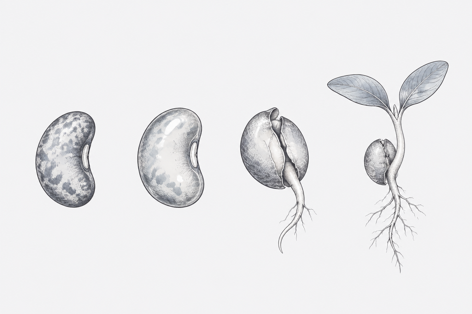 Ink drawing of a bean in four stages, from dry seed to small sprout