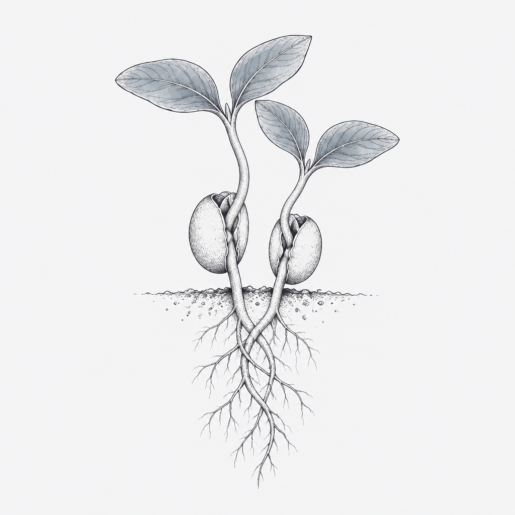 Ink drawing of two young seedlings growing side by side, roots intertwined